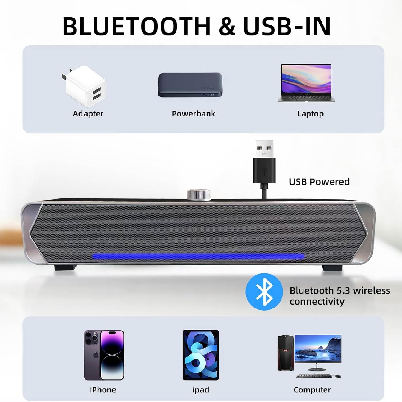 Barra de Sonido Bluetooth 5.3 con Cable y alimentación USB