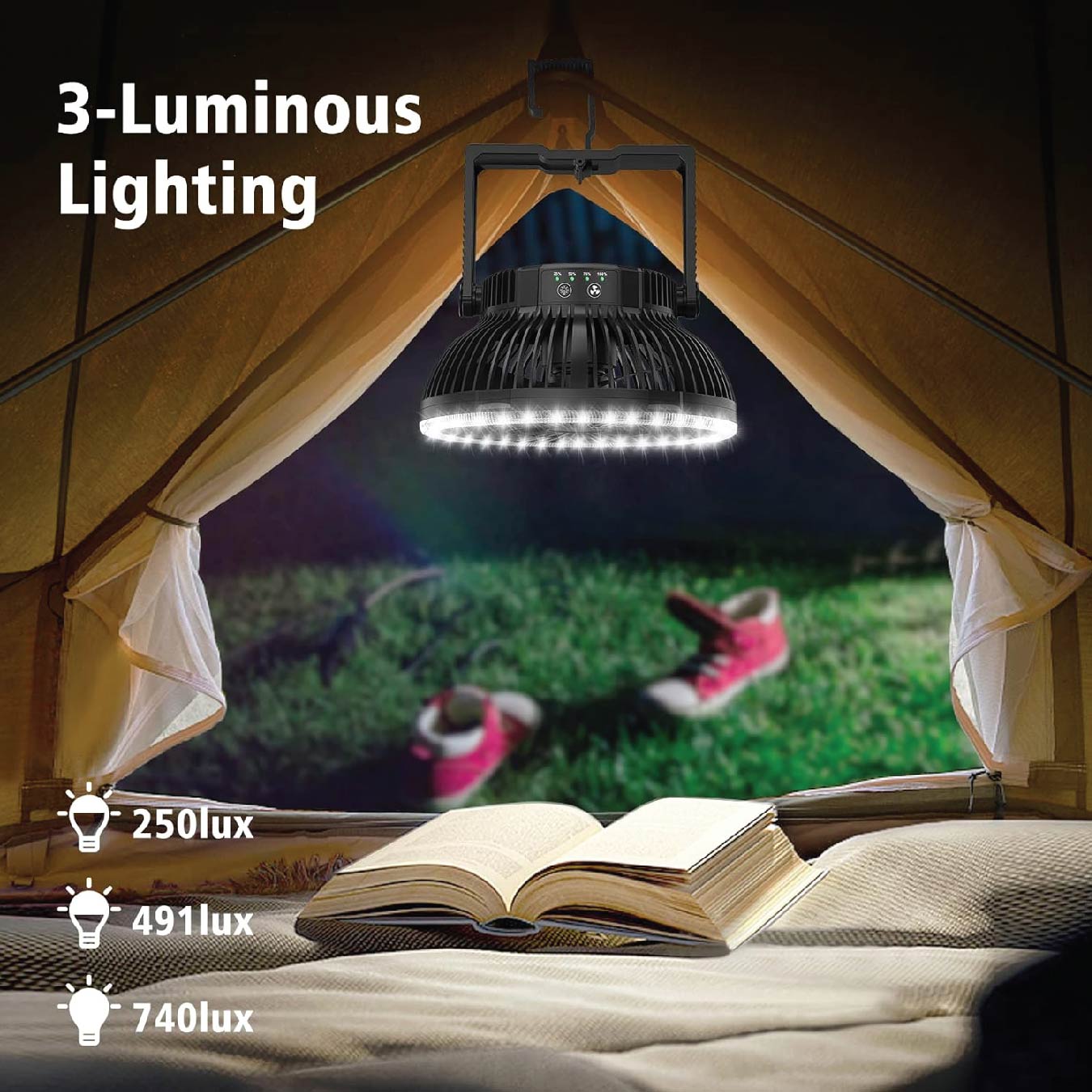 Ventilador de Camping con Linterna LED – 10000 mAh 8 pulgadas Recargable